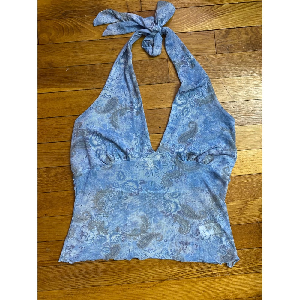 See You Monday Blue Paisley Sheer Mesh Halter Top Y2K Floral Lined Large